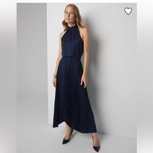 White House Black Market Sleeveless Pleated halter midi dress navy NWTS xs 0